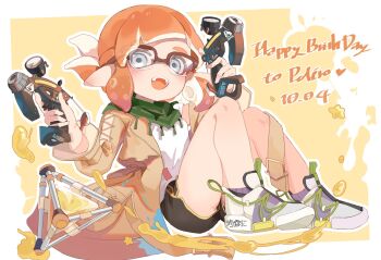 1girl bandana bandana_around_neck black_shorts blue_eyes brown_coat coat colored_tongue dapple_dualies_(splatoon) dolphin_shorts dual_wielding fangs full_body glasses green_bandana happy_birthday highres holding holding_weapon inkling inkling_girl inkling_player_character long_sleeves medium_hair nintendo open_clothes open_coat open_mouth orange_hair orange_tongue over-rim_eyewear pointy_ears polero_light purple_socks red-framed_eyewear semi-rimless_eyewear shoes shorts sitting smile socks solo splat_bomb_(splatoon) splatoon_(series) tentacle_hair weapon white_shoes