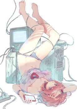 1girl arm_on_own_head bad_id bad_pixiv_id bangle bare_legs bare_shoulders blue_hair blue_panties bracelet breasts cellphone cleavage closed_mouth collar computer computer_tower day earrings entangled frills groin hair_between_eyes heart-shaped_lock highres holding holding_phone idolmaster idolmaster_cinderella_girls jewelry large_breasts legs_up looking_at_viewer lying monitor multicolored_hair navel no_pants off-shoulder_shirt off_shoulder on_back panties phone pill_earrings pink_collar pink_eyes pink_hair power_strip roki_(0214278) shadow shirt short_hair short_sleeves simple_background skeleton_print smartphone smile sunlight two-tone_hair underwear upside-down white_background white_frills white_shirt yumemi_riamu
