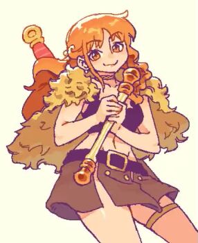 1girl animated belt belt_buckle braid brown_loincloth brown_skirt buckle capelet choker clima-tact closed_mouth collarbone commentary covering_own_mouth crop_top earrings feet_out_of_frame fur_capelet giggling holding holding_staff jewelry long_hair looking_at_viewer midriff miniskirt nami_(one_piece) nami_(one_piece)_(elbaf) navel nycnouu official_alternate_costume official_alternate_hairstyle one_eye_closed one_piece orange_eyes orange_hair pearl_earrings simple_background single_braided_sidelock skirt smile solo staff star_(symbol) sword sword_on_back thigh_strap untranslatable_commentary video wavy_hair weapon weapon_on_back yellow_background yellow_capelet