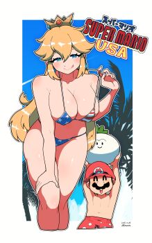 1boy 1girl :q absurdres american_flag american_flag_bikini american_flag_print armpit_crease bare_shoulders bikini bikini_top_pull blonde_hair blue_eyes blue_sky blush border breasts closed_eyes collarbone commentary_request covered_erect_nipples crown dated facial_hair flag_print flag_print_bikini hair_between_eyes hand_on_knee hand_on_own_knee hat highres large_breasts leaning_forward long_hair looking_at_viewer mario mario_(series) mustache nintendo omura_zojiki outline outside_border palm_tree princess_peach print_bikini pulling_own_clothes red_hat signature sky smile standing super_mario_bros._2 swimsuit teasing tongue tongue_out translation_request tree turnip_(mario) white_border white_outline