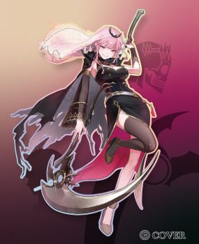 1girl :d anklet armlet belt black_cape black_dress black_thighhighs bracer cape commentary_request copyright_name detached_sleeves diveinmypoolz dress full_body gold_shoes grin hand_up high_heels holding holding_scythe hololive hololive_english jewelry long_dress looking_at_viewer mori_calliope mori_calliope_(1st_costume) official_art open_mouth outline sample_watermark scythe see-through_clothes see-through_sleeves shoes shoulder_spikes side_slit sidelocks single_detached_sleeve single_thighhigh sleeveless sleeveless_dress smile solo spikes standing standing_on_one_leg thighhighs tiara torn_cape torn_clothes veil virtual_youtuber watermark white_belt