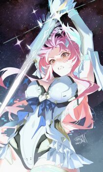 1girl absurdres aemeath_(wuthering_waves) arms_up breasts clenched_teeth commentary_request cowboy_shot dated elbow_gloves gloves hair_ornament highres holding holding_sword holding_weapon large_breasts leotard long_hair orange_eyes partial_commentary pink_hair rapier showgirl_skirt signature skirt sky solo space star-shaped_pupils star_(sky) star_(symbol) starry_sky sword symbol-shaped_pupils syuje teeth weapon white_gloves white_leotard white_skirt wuthering_waves