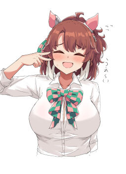 1girl :d ^_^ absurdres animal_ears blush bow bowtie breasts brown_hair button_gap closed_eyes dantsu_flame_(umamusume) ear_covers ear_ribbon gryebooks highres horse_ears horse_girl large_breasts multicolored_hair open_mouth shirt simple_background smile solo two-tone_hair umamusume upper_body v white_background white_hair white_shirt