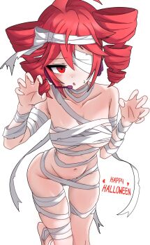 1girl bandages breasts claw_pose cleavage collarbone drill_hair happy_halloween headset highres kasane_teto kasane_teto_(utau) kumaniki_(kuma_6125) mummy_costume naked_bandage navel red_eyes red_hair solo twin_drills utau