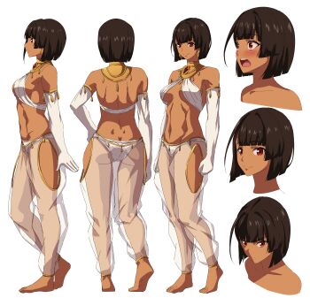 1girl abs absurdres ancient_egyptian_clothes bob_cut breasts brown_hair criss-cross_halter dark-skinned_female dark_skin excaliblader front_and_back gloves halterneck harem_outfit highres jewelry multiple_expressions panties rana_(original_character) red_eyes reference_sheet short_hair toned toned_female translucent underboob underwear white_panties