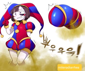 1girl absurdres blush clown clown_girl embarrassed fart female_focus hat highres jester jester_cap jester_girl korean_text pomni_(the_amazing_digital_circus) surprised the_amazing_digital_circus trembling