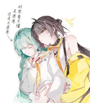 Rule 34 | 2girls, absurdres, alternate costume, bandage over one eye, bare shoulders, black hair, chinese commentary, chinese text, closed eyes, closed mouth, coloki, commentary request, female rover (wuthering waves), grey hair, hands on another's stomach, highres, hood, hood down, hoodie, long hair, looking at another, multiple girls, off shoulder, official alternate costume, parted lips, phrolova (wuthering waves), rover (wuthering waves), translation request, white hoodie, wuthering waves, yellow eyes, yuri