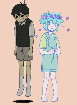 Rule 34 | 2boys, antenna hair, barefoot, basil (headspace) (omori), basil (omori), black eyes, black hair, black sweater vest, blue overalls, blush, brown background, closed mouth, collared shirt, colored skin, flower, green eyes, green hair, green shirt, hanged, head wreath, highres, looking at another, male focus, multiple boys, noose, omori, overalls, parted lips, shirt, short hair, short sleeves, sidelocks, simple background, smile, socks, sunny (omori), sweater vest, t-shirt, uowhx, white shirt, white skin, white socks
