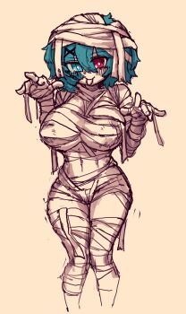 Rule 34 | 1girl, :p, alternate costume, bandaged head, bandaged leg, bandages, blue eyes, blue hair, blush, breasts, commentary, covered erect nipples, hair ornament, heterochromia, highres, korean commentary, large breasts, looking at viewer, medium hair, mummy costume, naked bandage, navel, rampa93, red eyes, simple background, solo, tatara kogasa, tongue, tongue out, touhou, x hair ornament, yellow background