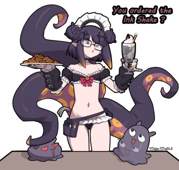 Rule 34 | 1girl, :3, :d, absurdres, armband, bikini, black armband, black nails, black sleeves, braid, bun with braided base, choker, cookie, detached sleeves, english text, flat chest, food, frilled armband, frilled choker, frills, heart, heart-shaped eyes, highres, holding, holding plate, hololive, hololive english, ice cream, maho malice, maid, maid bikini, microskirt, milkshake, navel, ninomae ina'nis, nodding, open mouth, plate, purple hair, rectangular eyewear, simple background, skirt, smile, solo focus, swimsuit, takodachi (ninomae ina'nis), tentacle tail, tentacles, unconventional maid, virtual youtuber, waitress, white background