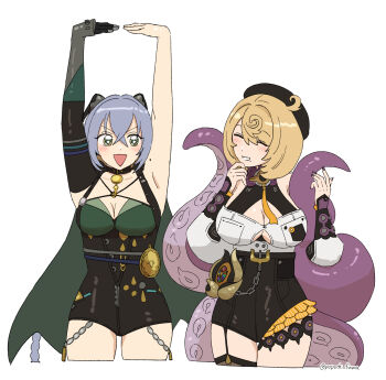 +_+ 2girls armpits arms_up asymmetrical_shorts bare_shoulders beret black_hat black_horns black_shorts black_unitard blonde_hair blue_hair blush braid breasts button_gap choker cleavage collarbone cowboy_shot cowlick crossed_bangs detached_sleeves garter_straps goat_girl goat_horns green_eyes hair_between_eyes hat high-waist_shorts highres horns key key_choker large_breasts long_hair looking_at_another lucia_elowen medallion medium_breasts mole mole_on_arm mole_under_mouth monster_girl multiple_girls open_mouth parted_lips popochi_fuwa purple_nails scylla shirt short_hair shorts simple_background single_garter_strap single_sleeve single_thighhigh suction_cups tentacle_girl tentacle_tail tentacles thighhighs twin_braids twitter_username white_background white_shirt white_sleeves yidhari_murphy zenless_zone_zero