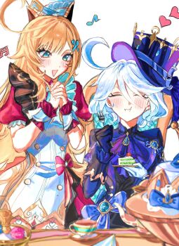 2girls ahoge apron aqua_eyes ascot asymmetrical_gloves black_gloves black_shirt black_vest blonde_hair blue_ascot blue_bow blue_gem blue_hair blue_hat blue_jacket blue_sash blush bow bowl breasts buttons cake cake_slice closed_eyes closed_mouth commentary cowboy_shot cup dress eating escoffier_(genshin_impact) fingernails fish_(xpzas) food fork fork_hair_ornament frills furina_(genshin_impact) gem genshin_impact gloves gradient_hair hair_between_eyes hair_ornament hands_up hat hat_bow hat_ornament heart heart_in_eye highres holding holding_fork holding_plate huge_ahoge jacket jewelry kettle lapels large_bow long_hair long_hair_between_eyes long_sleeves looking_at_another medium_breasts mismatched_gloves multicolored_hair multiple_girls musical_note open_clothes open_jacket open_mouth own_hands_together pendant pink_bow pink_dress plate puffy_short_sleeves puffy_sleeves purple_hat sash shirt short_hair short_sleeves sidelocks simple_background sitting smile standing striped_bow symbol-only_commentary symbol_in_eye table tea teacup top_hat two-sided_fabric two-sided_headwear two-tone_hair upper_body vest vision_(genshin_impact) wavy_hair white_apron white_background white_gloves white_hair white_hat wrist_cuffs