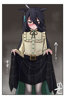 1girl absurdres ahoge animal_ears arrow_(symbol) belt black_belt black_hair black_ribbon black_skirt clothes_lift ear_ornament ear_tag earrings embarrassed frilled_shirt frills grey_background grey_pantyhose hair_between_eyes highres horse_ears horse_girl jewelry long_hair long_hair_between_eyes long_sleeves manhattan_cafe_(umamusume) multicolored_hair neck_ribbon pantyhose plaid_clothes plaid_skirt ribbon shirt shirt_tucked_in single_earring skirt skirt_lift slcunix solo umamusume very_long_hair white_hair yellow_shirt