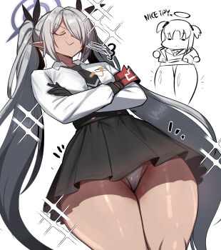 Rule 34 | 2girls, absurdres, anatomical nonsense, armband, black gloves, black necktie, black ribbon, black skirt, blue archive, breasts, cameltoe, closed eyes, closed mouth, collared shirt, commentary, crossed arms, dark-skinned female, dark skin, dress shirt, english commentary, geulimykun (skbyunea413), gloves, grey hair, groin, hair over one eye, hair ribbon, halo, high-waist skirt, highres, iori (blue archive), long hair, multiple girls, necktie, panties, pleated skirt, pointy ears, puff of air, red armband, ribbon, shirt, simple background, skirt, small breasts, smug, thick thighs, thighs, twintails, underwear, very long hair, white background, white panties, white shirt, wide hips, yuuka (blue archive)