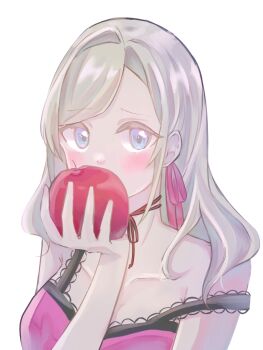 1girl apple bare_shoulders blue_eyes blush breasts camisole ceras_yanagida_lilienfeld collarbone food fruit grey_hair hair_ribbon highres holding holding_food holding_fruit large_breasts link!_like!_love_live! long_hair looking_at_viewer love_live! pink_camisole pink_ribbon ribbon romeo_to_cinderella_(vocaloid) simple_background solo strap_slip tikuwa_l virtual_youtuber white_background
