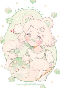 1girl :&lt; animal animal_ears animal_hands artist_name bandaid bandaid_on_face bandaid_on_nose bear_ears blush cherry closed_mouth commentary_request cube english_text food fruit ghost gloves hair_ornament holding holding_spoon original paw_gloves pouring puffy_short_sleeves puffy_sleeves ryokuno_green shaved_ice shirt short_hair short_sleeves spoon sprinkles star_(symbol) swept_bangs t-shirt upper_body watermark white_background white_hair white_shirt wooden_spoon
