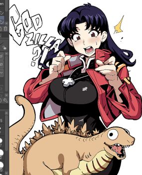 1girl art_program_in_frame black_dress blue_hair blush breasts brown_eyes cowboy_shot cross cross_necklace dress earrings godzilla_(series) hair_intakes jacket jewelry katsuragi_misato large_breasts long_hair monster_in_kamata necklace neon_genesis_evangelion open_clothes open_jacket open_mouth osa_(osavocaloid) parted_bangs red_jacket shin_godzilla stud_earrings surprised sweatdrop tight_clothes tight_dress