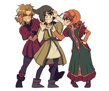 1girl 2boys belt black_hair blonde_hair brown_hair dragon_quest dragon_quest_vii dress full_body gloves green_dress green_hat hair_between_eyes hand_on_own_hip hat hero_(dq7) kiefer long_hair maribel_(dq7) medium_hair multiple_boys open_mouth pantyhose short_hair simple_background smile sword sword_on_back weapon weapon_on_back white_background yuki_jj