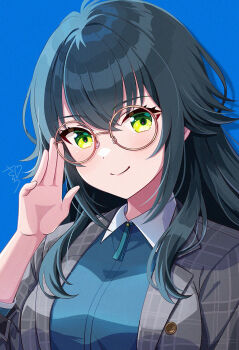 Rule 34 | 1girl, adjusting eyewear, blue background, blush, breasts, buttons, checkered clothes, checkered jacket, commentary, eyelashes, gakuen idolmaster, glasses, green eyes, green hair, green shirt, grey jacket, hair between eyes, hair flaps, hand up, highres, idolmaster, jacket, long hair, long sleeves, looking at viewer, medium breasts, round eyewear, sakura ran, shadow, shirt, sidelocks, signature, smile, solo, tsukimura temari, upper body, wing collar