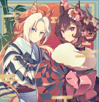 2girls absurdres ahoge animal_ears bamboo black_gloves blue_eyes braid braided_hair_rings brown_hair checkered_clothes checkered_kimono cherry_blossoms closed_mouth ear_covers ear_ornament gentildonna_(umamusume) gloves hair_between_eyes hair_rings haruka30637139 heart-shaped_ornament heart_ear_ornament highres horse_ears horse_girl horse_tail japanese_clothes kimono long_hair long_sleeves looking_at_viewer multicolored_hair multiple_girls orange_hair orfevre_(umamusume) parted_lips purple_eyes red_eyes sash single_ear_cover smile tail two-tone_hair umamusume white_hair