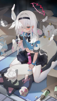 1girl absurdres apron apron_lift arona_(blue_archive) bar_censor black_bow black_bowtie black_choker black_eyes black_gloves black_hairband black_skirt blue_apron blue_archive bow bowtie braid censored character_doll choker clothes_lift collared_shirt colored_inner_hair condom condom_wrapper cowgirl_position dildo doll female_focus female_masturbation girl_on_top gloves hair_over_one_eye hair_ribbon hairband half_gloves halo haniwa_(statue) highres holding holding_condom imminent_masturbation implied_masturbation indoors kele_mimi lifting_own_clothes loli long_hair masturbation miniskirt multicolored_hair navel no_shoes pantyhose parted_lips peroro_(blue_archive) pink_hair pink_halo plana_(blue_archive) pleated_skirt red_pupils ribbon sex_doll sex_toy shirt short_sleeves side_braid single_braid single_glove single_half_glove skirt solo straddling two-tone_hair white_hair white_pantyhose white_ribbon white_shirt