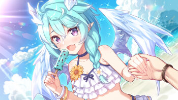 Rule 34 | 1girl, bikini, blue hair, bracelet, collarbone, crystal horns, crystal wings, dragon girl, dragon horns, dragon wings, fang, flower, food, frilled bikini, frills, hair over shoulder, holding, holding food, holding hands, holding ice cream, horns, ice cream, jewelry, kouzuki tsubasa (musou kaidou), looking at viewer, multiple bracelets, ocean, open mouth, outdoors, pointy ears, princess connect!, purple eyes, sheffy (princess connect!), sheffy (summer) (princess connect!), skin fang, sunflower, swimsuit, swimsuit skirt, white bikini, wings
