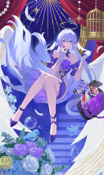 1girl absurdres aqua_hair armpit_crease bare_shoulders bird bird_tail bird_wings breasts commentary_request dress falling_feathers feathered_wings feathers full_body gloves green_eyes hair_between_eyes halo head_wings high_heels highres honkai:_star_rail honkai_(series) jewelry lipstick long_hair looking_at_viewer makeup medium_breasts musical_note robin_(honkai:_star_rail) smile solo strapless strapless_dress tail thighs very_long_hair w-baiye white_dress white_feathers white_gloves wings