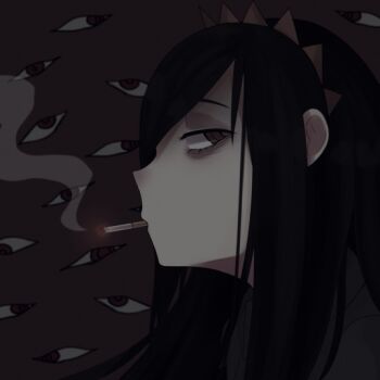 1girl bags_under_eyes black_hair cigarette eldritch_abomination futaba_channel grey_eyes hair_over_one_eye long_hair maid_headdress nijiura_maids ompf ozoi smoke smoking solo