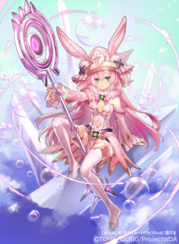 1girl animal_ears aqua_eyes boots bubble clothing_cutout copyright_notice detached_sleeves dress gold_trim hat holding holding_staff long_hair navel navel_cutout official_art ori_simo pink_boots pink_dress pink_hair pink_hat rabbit_ears solo staff tawil_(wixoss) thigh_boots two_side_up wixoss