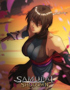 1girl 2025 artist_name backless_outfit bare_shoulders black_hair blue_eyes blurry blurry_background breasts closed_mouth copyright_name covered_collarbone dated dress female_focus heterochromia highres holding holding_sword holding_weapon katana large_breasts looking_at_viewer raydash30 red_eyes samurai_spirits shiki_(samurai_spirits) short_hair snake_tattoo snk solo sword tattoo tight_clothes tight_dress weapon