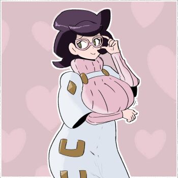 1girl adjusting_eyewear arm_under_breasts big_hair breasts capelet glasses green_eyes hand_up high-waist_skirt highres large_breasts long_sleeves medium_skirt mixed-language_commentary nintendo pencil_skirt pink-framed_eyewear pink_sweater pokemon pokemon_sm purple_hair raised_eyebrows ribbed_sweater short_hair sketch skirt smile solo spoopy_potatoes sweater sweater_guard turtleneck turtleneck_sweater upper_body white_capelet white_skirt wicke_(pokemon)