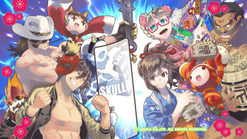 Rule 34 | area (arika), arika, blonde hair, braid, character request, dark-skinned male, dark skin, fighting ex layer, flower, hair flower, hair ornament, highres, japanese clothes, knitty (technictix), long hair, multiple boys, multiple girls, nanase (arika), official art, official wallpaper, open mouth, rain (technictix), skullomania, smile, technictix, twin braids, x hair ornament