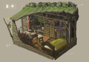 analog_clock arrow_(symbol) bed clock cross-section drawer flower_pot grey_background highres hourglass no_humans original plant poppo_sutchy potted_plant scenery simple_background stool stuffed_animal stuffed_rabbit stuffed_toy translation_request treasure_chest