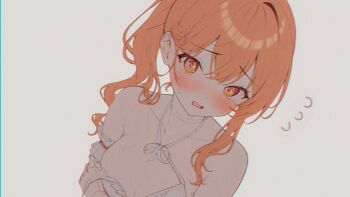 1girl @_@ arm_garter bare_shoulders bikini black_survival blush breasts choker cleavage embarrassed eternal_return:_black_survival fang gyogyog long_hair looking_at_viewer medium_breasts open_mouth orange_eyes orange_hair ponytail simple_background solo string_bikini swimsuit tia_(black_survival) unfinished upper_body wardrobe_malfunction white_background white_bikini white_choker