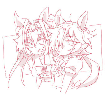 2girls animal_ears beer_hsk bow closed_mouth commentary_request daiwa_scarlet_(umamusume) fang hair_between_eyes hair_intakes hair_over_one_eye horse_ears long_hair low_ponytail monochrome multicolored_hair multiple_girls open_mouth ponytail puffy_short_sleeves puffy_sleeves school_uniform shirt short_sleeves tiara tracen_school_uniform two-tone_hair umamusume very_long_hair vodka_(umamusume) white_background