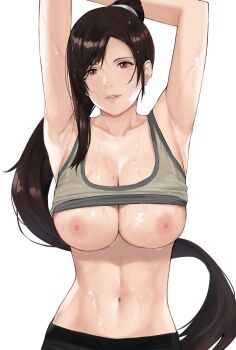 1girl alternate_costume armpits arms_up bare_shoulders breasts breasts_out brown_hair clothes_lift earrings final_fantasy final_fantasy_vii final_fantasy_vii_remake high_ponytail j@ck jewelry large_breasts long_hair looking_at_viewer midriff navel nipples parted_lips pink_lips ponytail red_eyes shirt shirt_lift sidelocks square_enix sweat swept_bangs tank_top tifa_lockhart toned very_long_hair