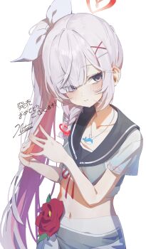 1girl absurdres bikini black_eyes black_sailor_collar blue_archive blush bow braid closed_mouth colored_inner_hair commentary_request flower grey_hair hair_bow hair_ornament hair_over_one_eye halo highres jewelry long_hair looking_at_viewer multicolored_hair navel necklace netural pink_hair plana_(blue_archive) red_flower red_halo red_pupils sailor_collar short_sleeves side_ponytail signature simple_background smile solo steepled_fingers swimsuit white_background white_bow white_hair x_hair_ornament