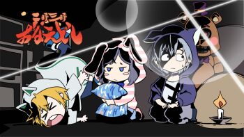 &gt;_&lt; 1girl 2boys aiba_uiha animal_hood behind_another belt_collar black_eyes black_hair blonde_hair blue_eyes blue_pants blush_stickers candle cat_hood closed_mouth collar constricted_pupils crossover diffraction_spikes dog_hood ear_piercing egasumi falling five_nights_at_freddy&#039;s freddy_fazbear frown grey_hair grey_hoodie high_contrast highres hood hood_up hoodie hugging_object indoors long_sleeves looking_back multiple_boys nijisanji no_sclera pants parody piercing pillow pillow_hug purple_hoodie rabbit_hood shirogami_seisho shirt short_hair small_sweatdrop striped_clothes striped_hoodie style_parody suzuki_masaru suzuki_masaru_(spring_casual) tengen_toppa_gurren_lagann ttgl_eyecatch uzuki_kou uzuki_kou_(2nd_costume) virtual_youtuber white_shirt