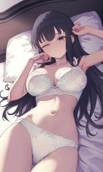 1girl armpits bare_arms bare_shoulders bed bed_sheet black_hair blush bow bow_bra bow_panties bra breasts brown_eyes cleavage collarbone commission cowboy_shot large_breasts lingerie long_hair looking_at_viewer lying navel nya-c on_back on_bed one_eye_closed original panties parted_lips pillow sidelocks skeb_commission smile solo stomach thighs underwear underwear_only very_long_hair white_bra white_panties