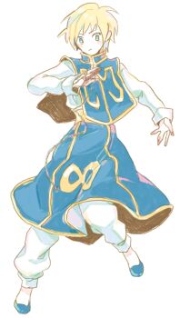 Rule 34 | 1boy, :/, arm up, blonde hair, blue eyes, blue tabard, blush, chuu ni, commentary request, full body, hand chains, hunter x hunter, kurapika, long sleeves, male focus, pants, short hair, simple background, sleeve cuffs, slippers, solo, tabard, white background, white pants, yellow trim