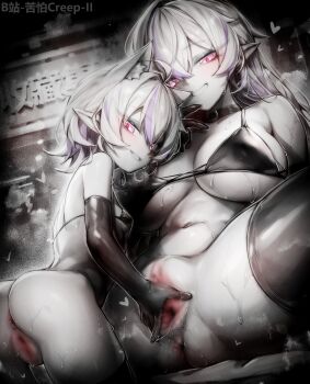 2girls age_difference animal_ear_fluff animal_ears anus artist_name ass belt_collar bikini blur_censor breasts censored character_request collar copyright_request elbow_gloves fingering gloves greyscale grin heart highres huge_breasts kupa_(jesterwii) loli long_hair looking_at_viewer monochrome multicolored_hair multiple_girls naughty_face navel nude onee-loli paid_reward_available parted_lips pink_eyes pointy_ears presenting_another purple_hair pussy pussy_juice short_hair small_breasts smile spot_color spread_legs spread_pussy spreading_another&#039;s_pussy streaked_hair swimsuit teeth thighhighs virtual_youtuber yuri