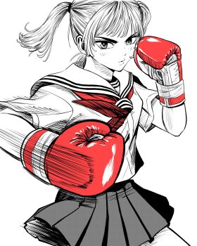 Rule 34 | 1girl, boxing, boxing gloves, commentary request, cowboy shot, gloves, greyscale, highres, lee (dragon garou), lips, miniskirt, monochrome, motion lines, neckerchief, original, pleated skirt, punching, red gloves, red neckerchief, school uniform, serafuku, serious, skirt, solo, spot color, twintails