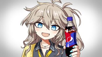 1girl :d antenna_hair blonde_hair blue_eyes bottle fang gyaru highres holding holding_bottle honda_keisuke kasukabe_tsumugi kogal long_hair nail_polish one_side_up open_mouth parody pepsi pepsi_japan_cola_challenge_(meme) simple_background skin_fang smile solo voicevox zundaghost