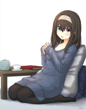 Rule 34 | 1girl, basa rutan, black pantyhose, blue eyes, book, brown hair, commentary request, cup, dress, hair over eyes, headband, highres, idolmaster, idolmaster cinderella girls, looking at viewer, medium hair, pantyhose, pillow, sagisawa fumika, simple background, solo, sweater, sweater dress, table, tea cozy, teacup
