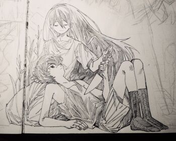 Rule 34 | 1boy, 1girl, absurdres, antenna hair, brother and sister, chinese commentary, closed eyes, closed mouth, collarbone, commentary request, double-parted bangs, dress, greyscale, hair between eyes, hand on another's head, highres, holding, holding knife, knees up, knife, long hair, looking at another, mari (omori), mari (spirit) (omori), monochrome, moonskysoon, omori, omori (omori), short hair, short sleeves, shorts, siblings, socks, striped clothes, striped shorts, tank top, traditional media, vertical-striped clothes, vertical-striped shorts