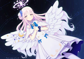 1girl angel_wings blue_archive blue_bow blush bow capelet closed_mouth dress feathered_wings flower gold_trim hair_bun hair_flower hair_ornament halo hands_on_own_chest highres kama_iruka long_hair looking_at_viewer low_wings mika_(blue_archive) pantyhose pink_halo scrunchie single_hair_bun single_side_bun smile solo spread_wings very_long_hair white_capelet white_dress white_overskirt white_pantyhose white_wings wing_ornament wings wrist_scrunchie yellow_eyes