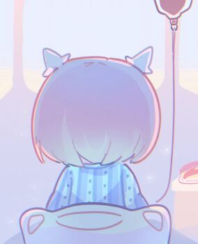 1girl absurdres apple apple_rabbit apple_slice bed food food_art from_behind fruit goddess_of_victory:_nikke hair_ornament headgear highres hospital hospital_bed hospital_gown intravenous_drip iv_stand looking_afar mming_(mmingis18) noah_(nikke) pink_hair short_hair sky solo spoilers