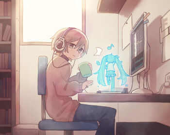 1boy 1girl arm_up backlighting blouse blue_pants bookshelf brown_eyes brown_shirt chair cup detached_sleeves eighth_note electrical_outlet from_behind gomahichi hatsune_miku headphones holding holding_cup hologram indoors leg_up light_brown_hair long_hair looking_at_another master_(vocaloid) miniskirt monitor musical_note outstretched_arm pants paper pleated_skirt plug room shirt sitting skirt sleeveless sleeveless_shirt standing standing_on_one_leg thighhighs twintails very_long_hair vocaloid