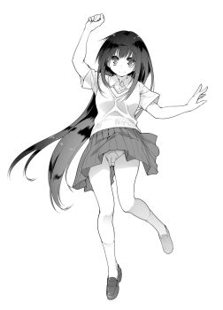 1girl arms_up blue_eyes breasts clenched_hand closed_mouth clothes_lift collared_shirt commentary_request full_body greyscale highres large_breasts leg_up loafers long_hair long_sidelocks looking_at_viewer midori_no_ruupe monochrome open_hand original panties pleated_skirt school_uniform shirt shoes short_sleeves sidelocks simple_background skirt skirt_lift smile socks solo standing straight_hair sweater underwear very_long_hair