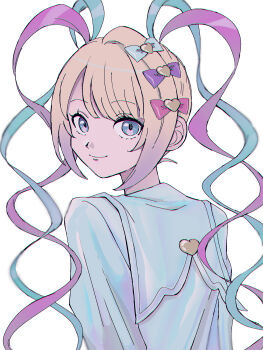 1girl arms_behind_back blonde_hair blue_eyes blue_shirt chouzetsusaikawa_tenshi-chan closed_mouth commentary_request eyelashes highres long_hair looking_at_viewer looking_back needy_girl_overdose quad_tails sailor_collar shirt short_hair simple_background smile solo upper_body usa_(kawaii_152cm) white_background